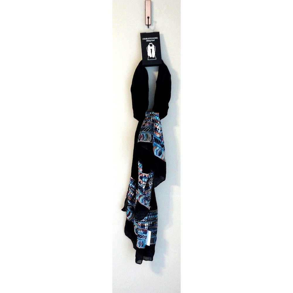 Women's Scarf Black Multicolor Oblong Embroidered Stitch Charlotte Daniel